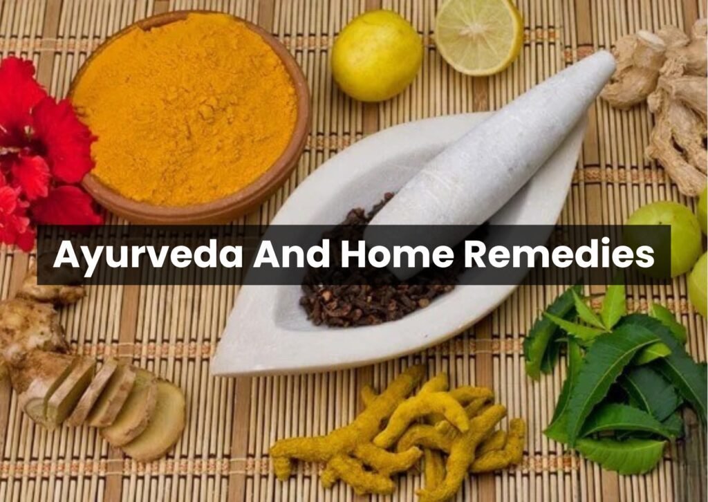 Ayurveda and home remedies ingredients including turmeric powder, ginger, lemon, cloves, neem leaves, and traditional herbs.
