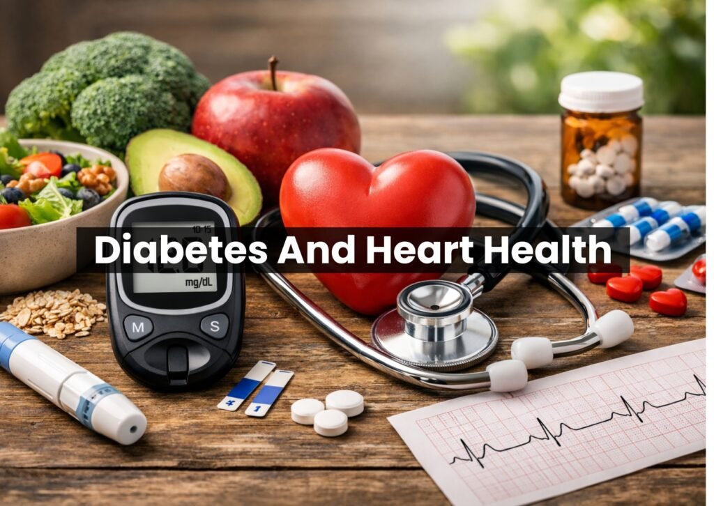 Diabetes and heart health concept showing glucose meter, heart shape, stethoscope, healthy foods, and medical supplies.