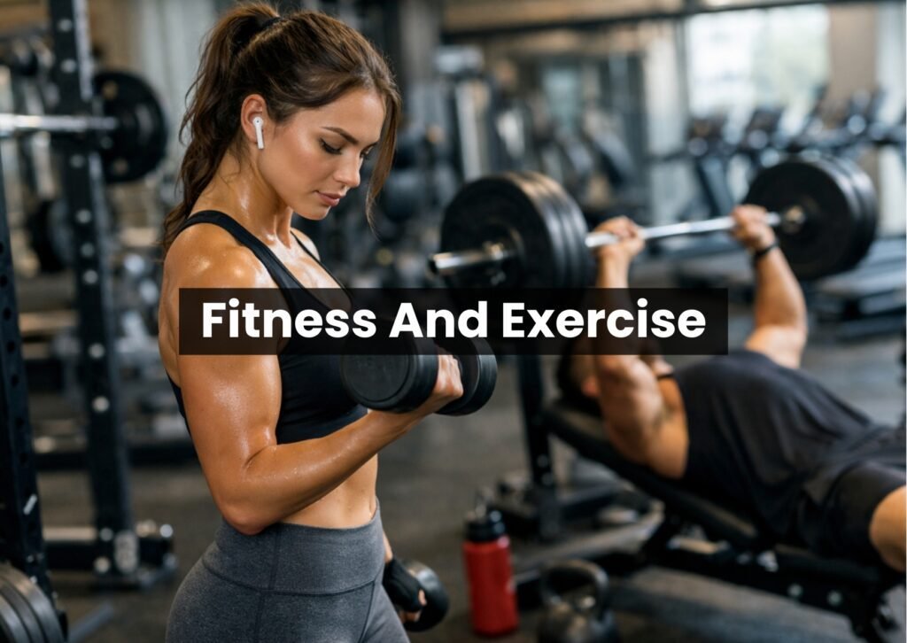 Fitness and exercise workout scene showing a woman lifting dumbbells in a gym with strength training equipment.
