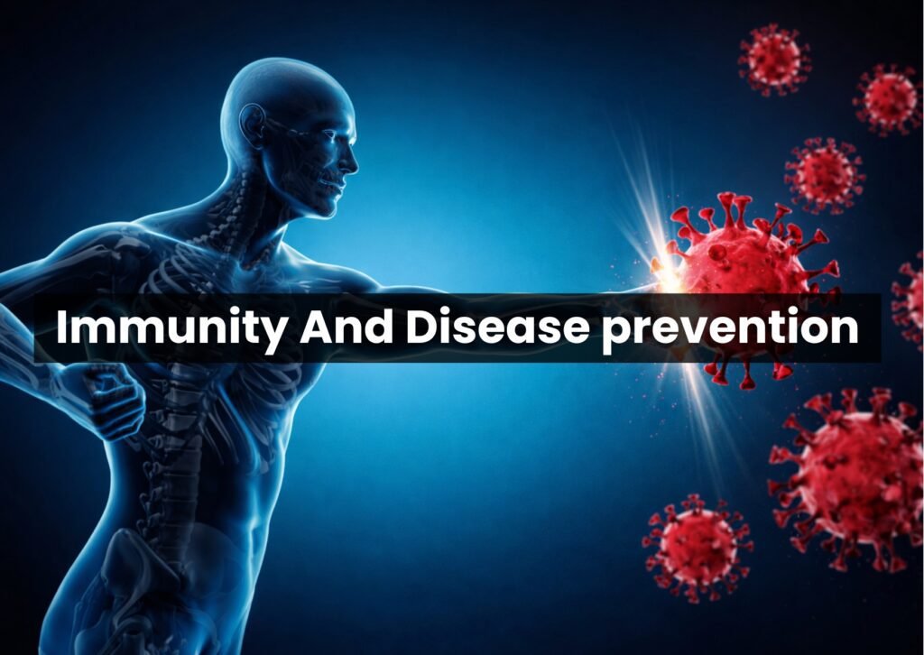 Immunity and disease prevention concept showing human immune system fighting viruses and infections.