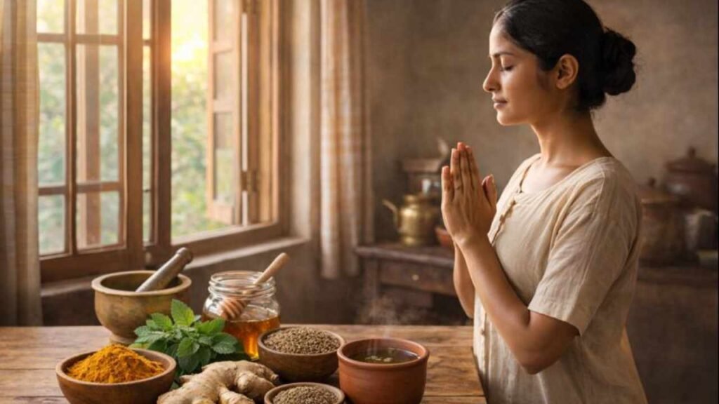 Ayurveda lifestyle with traditional Indian herbs and daily routine practices