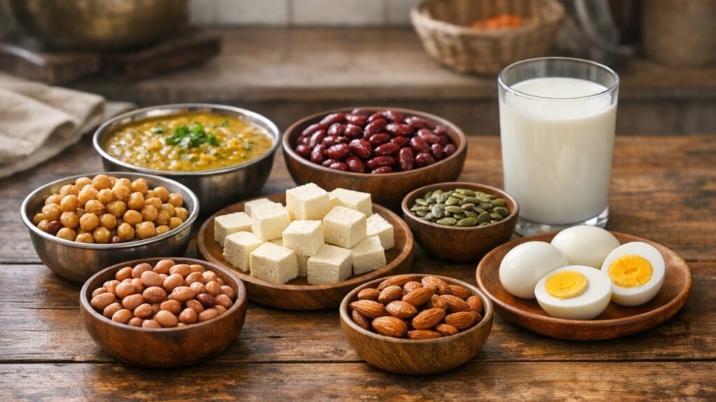 Natural protein sources in Indian diet including dals, paneer, nuts, seeds, eggs, and legumes for daily nutrition