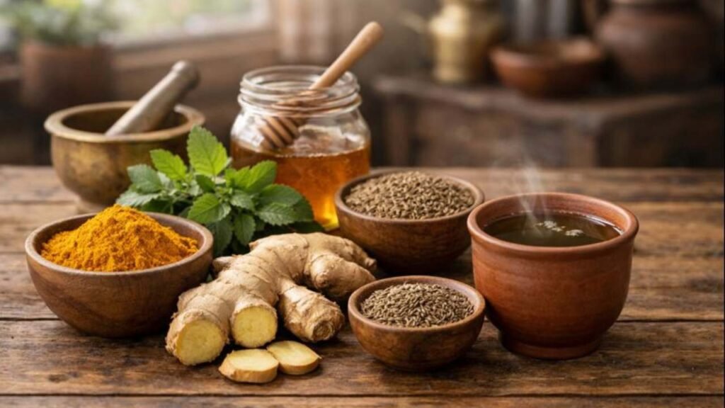 Ayurveda & Home Remedies with turmeric ginger tulsi and cumin in Indian kitchen