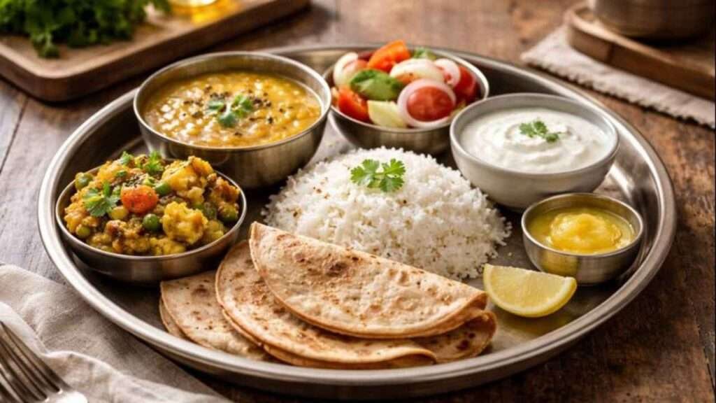 Balanced Diet Daily Life represented through a traditional Indian thali with roti, rice, dal, vegetables, and curd