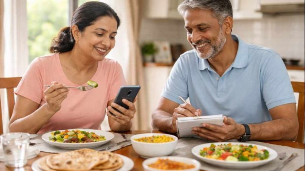 Indian couple eating balanced meal supporting diabetes and heart health