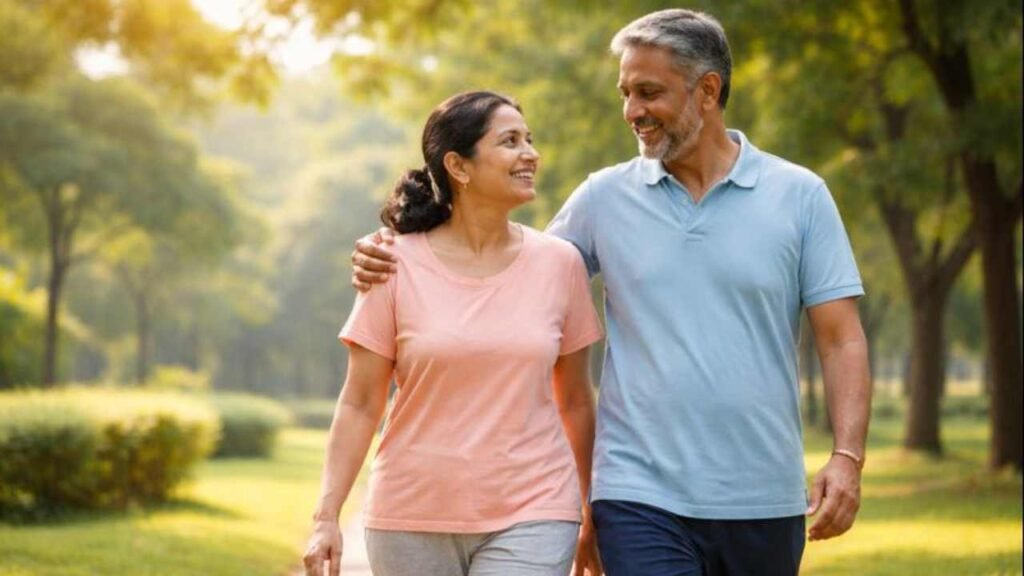Indian couple walking in park supporting heart health with daily habits