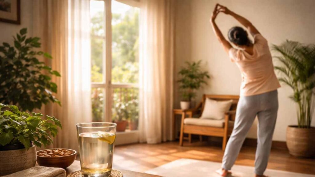 Heart healthy morning routine with light yoga, warm water, and a calm Indian home environment