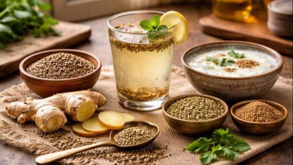 Home Remedies For Digestion with warm jeera water, ginger, cumin, fennel seeds, and buttermilk