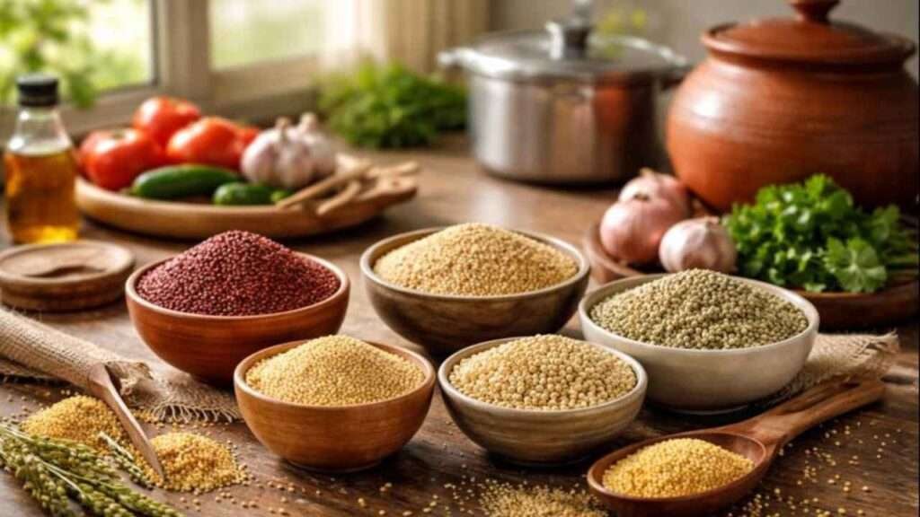 Millets for daily nutrition displayed in an Indian kitchen with natural grains and fresh vegetables