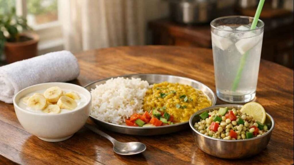 Post workout recovery foods including curd, dal, rice, sprouts, and coconut water in an Indian home setting