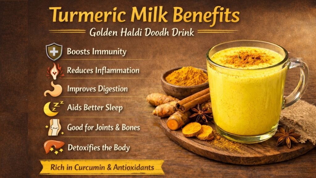 Turmeric milk benefits illustrated through a warm glass of haldi doodh in a traditional Indian kitchen.