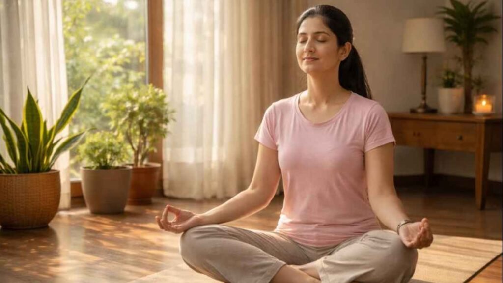 Ayurvedic daily routine supporting mental calm and balance through morning meditation