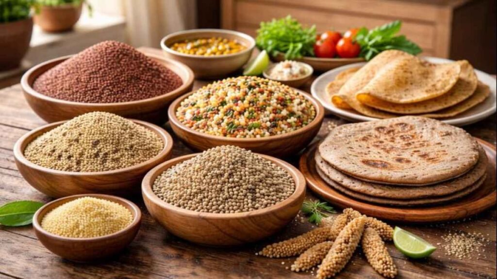 Benefits of eating millets shown through different Indian millets and millet dishes in a home kitchen