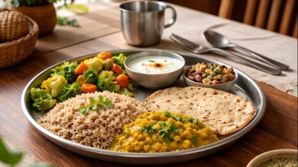 Foods For Balanced Blood Sugar displayed in a balanced Indian meal with whole grains, vegetables, and protein.