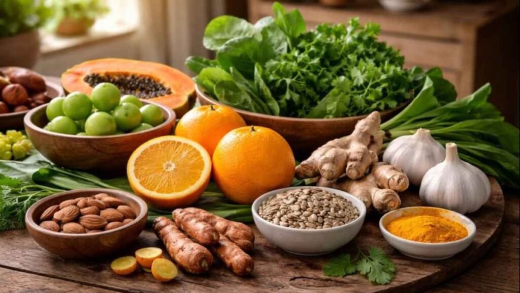 This image shows commonly used foods that support immunity, such as fresh fruits, green vegetables, traditional Indian spices, and nuts, arranged in a natural home kitchen environment to reflect a balanced daily diet.