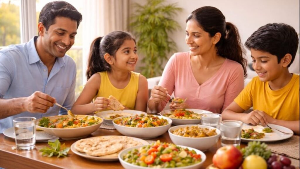Importance of Balanced Nutrition shown through a healthy Indian family meal