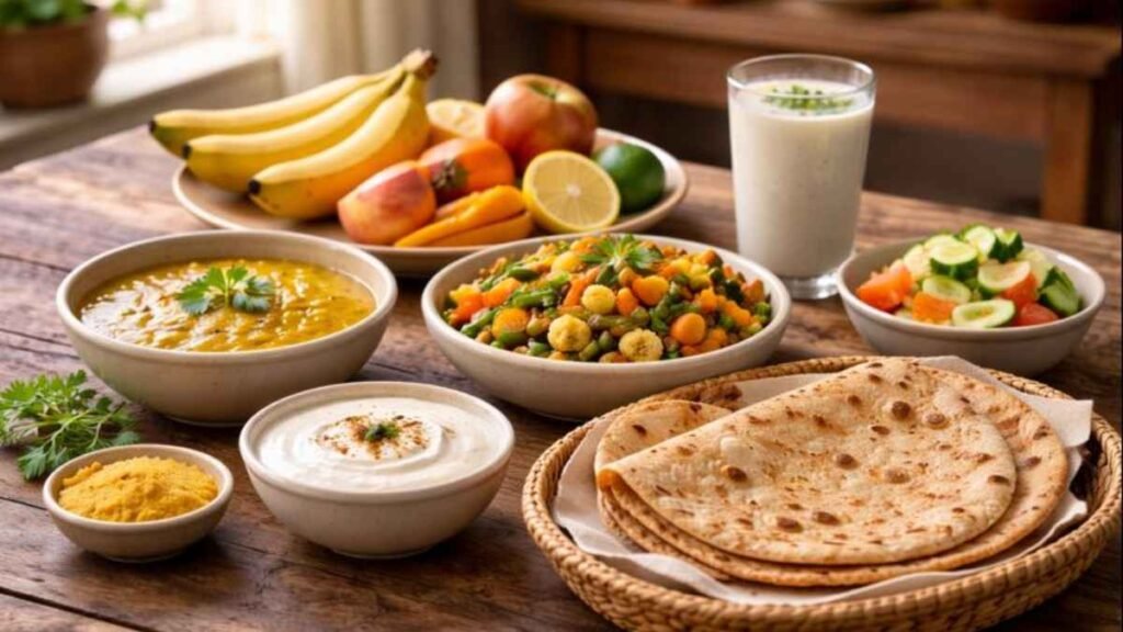 Indian balanced diet foods with roti, dal, vegetables, curd, and fruits served in an Indian home