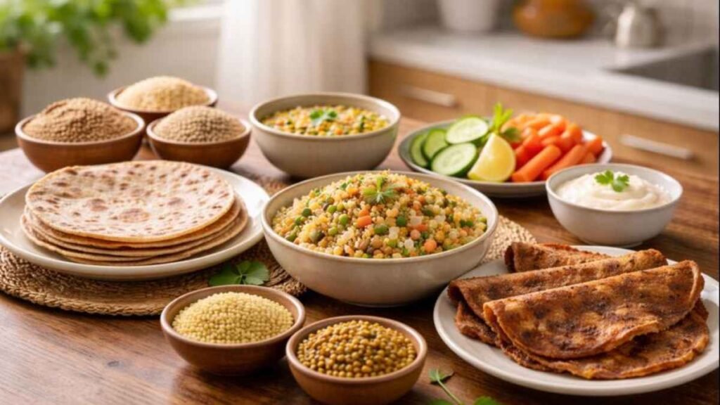 Millets in balanced diet with jowar roti, millet khichdi, vegetables, and curd on an Indian dining table