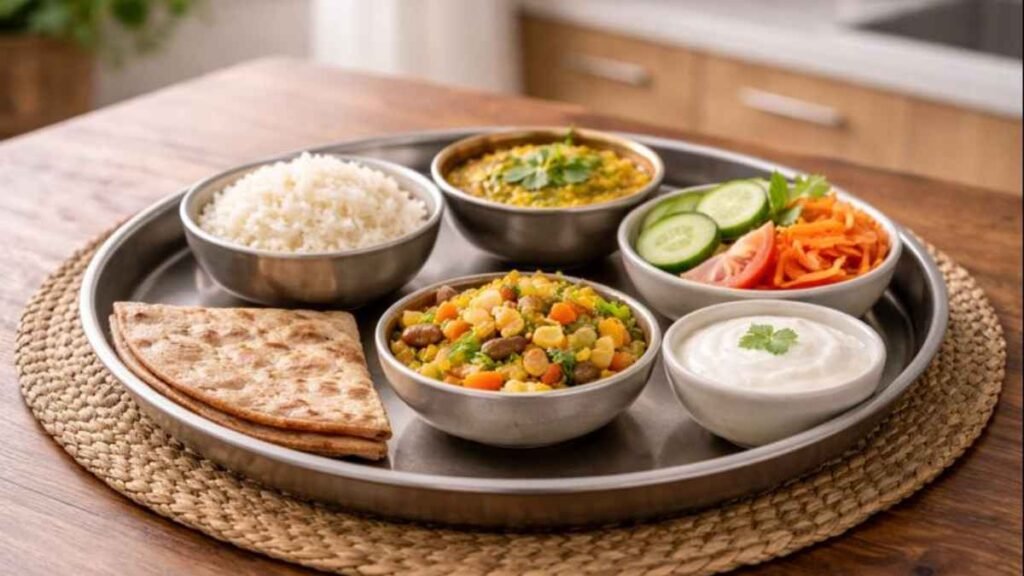 Portion Control For Weight shown with a balanced Indian thali served in small portions
