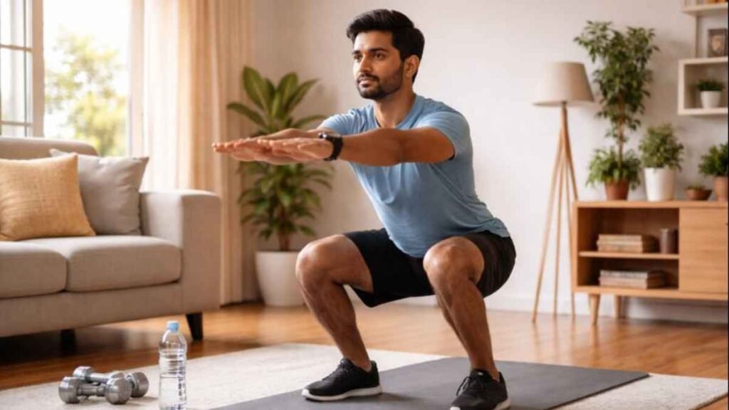 Indian person doing simple home exercises for fitness in a living room