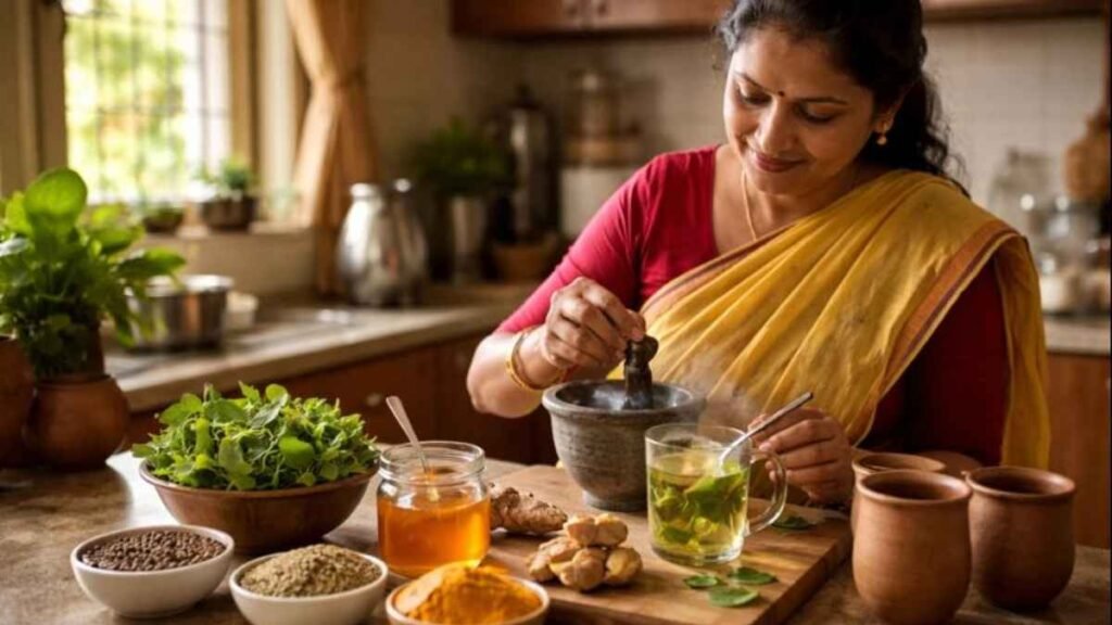 Traditional home remedies India prepared at home using natural Indian kitchen ingredients for seasonal wellness.
