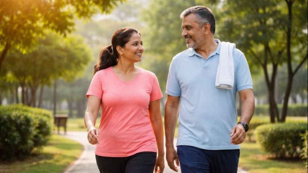 Indian couple practicing walking for heart health in a peaceful morning park