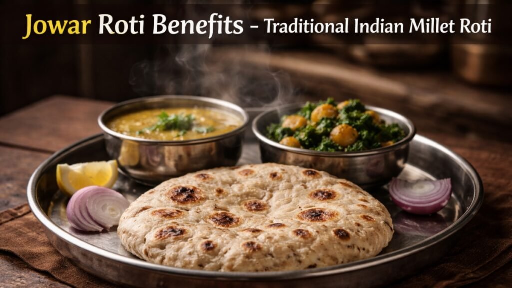 Jowar roti benefits shown through a traditional millet roti served with sabzi and dal in an Indian home.