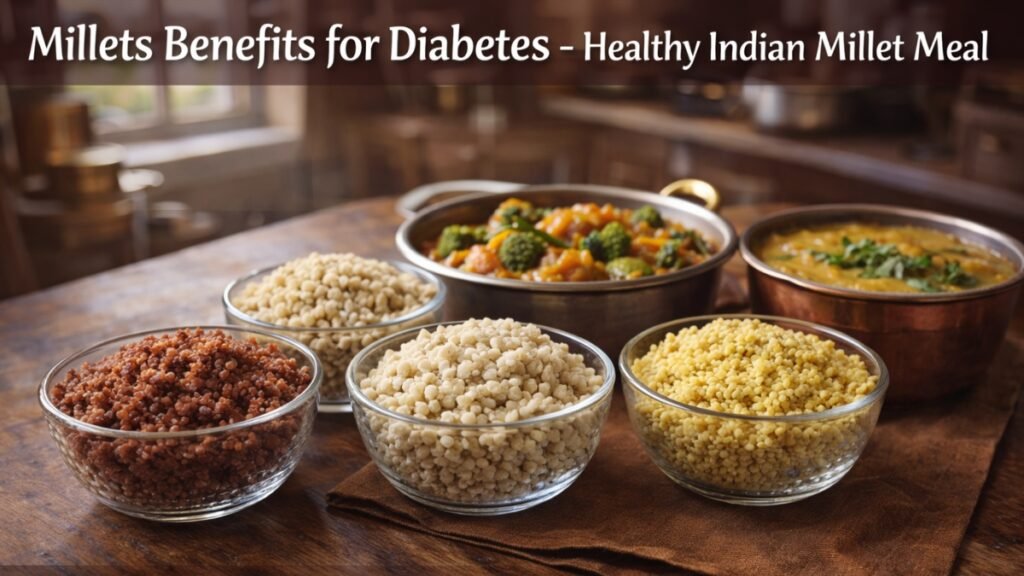 Millets benefits for diabetes displayed through a healthy Indian meal with assorted cooked millets and vegetables.