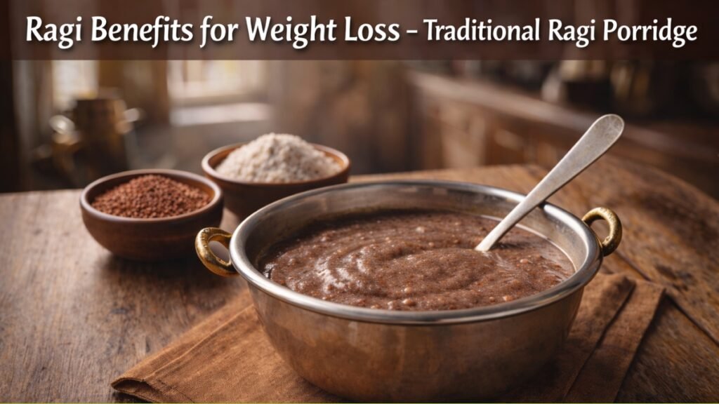 Ragi benefits for weight loss shown through a bowl of traditional ragi porridge in an Indian home setting.