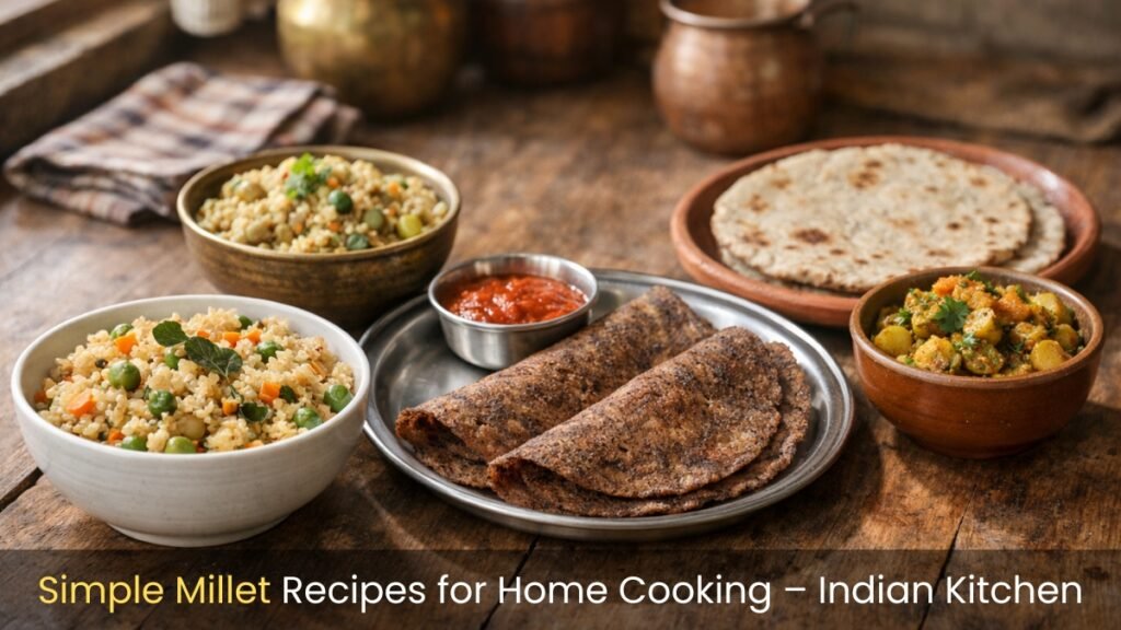 Simple millet recipes for home cooking displayed in an Indian kitchen with upma, ragi dosa, bajra khichdi, and jowar roti.