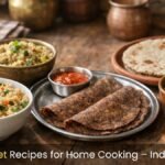 Simple millet recipes for home cooking displayed in an Indian kitchen with upma, ragi dosa, bajra khichdi, and jowar roti.