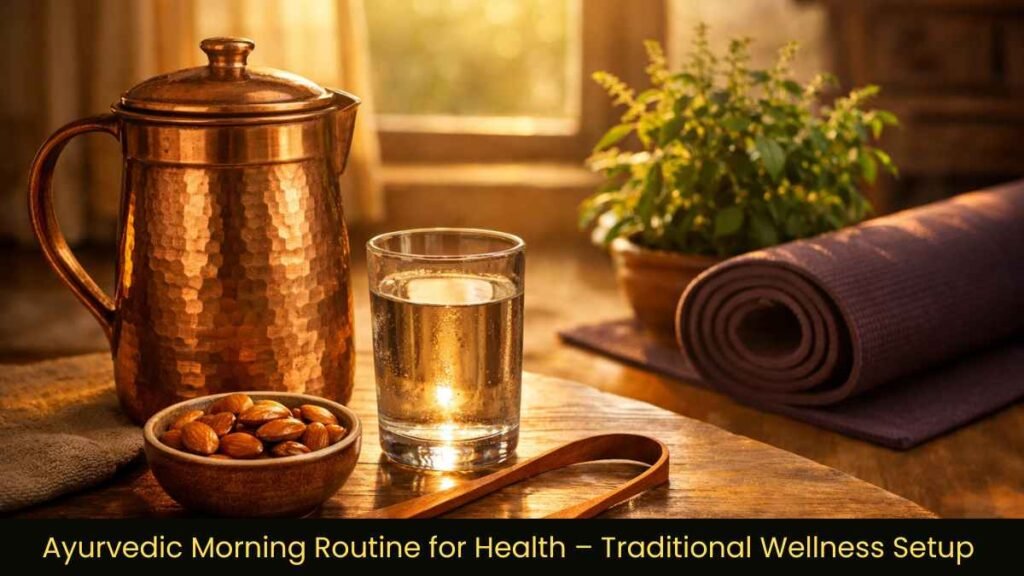 Ayurvedic morning routine for health displayed with copper water vessel, soaked almonds, yoga mat, and sunrise light in an Indian home.