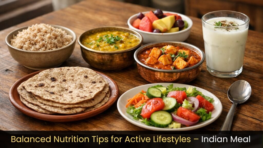 Balanced nutrition tips for active lifestyles shown through a complete Indian meal with brown rice, dal, roti, paneer, salad, and buttermilk.