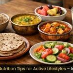 Balanced nutrition tips for active lifestyles shown through a complete Indian meal with brown rice, dal, roti, paneer, salad, and buttermilk.