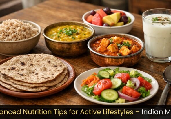 Balanced nutrition tips for active lifestyles shown through a complete Indian meal with brown rice, dal, roti, paneer, salad, and buttermilk.