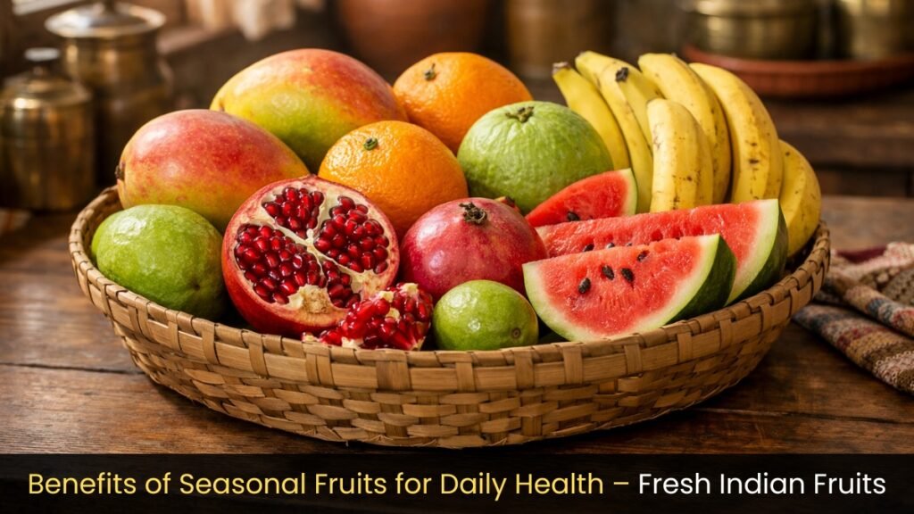 Benefits of seasonal fruits for daily health displayed through a colorful assortment of fresh Indian fruits in a home setting.