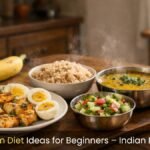 Healthy gym diet ideas for beginners displayed through a balanced Indian meal with paneer, eggs, brown rice, and salad.