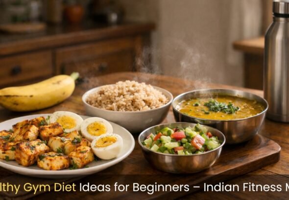 Healthy gym diet ideas for beginners displayed through a balanced Indian meal with paneer, eggs, brown rice, and salad.