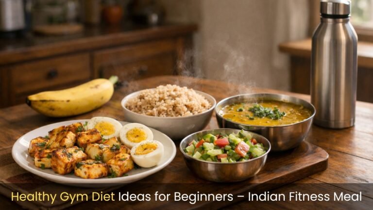 Healthy gym diet ideas for beginners displayed through a balanced Indian meal with paneer, eggs, brown rice, and salad.