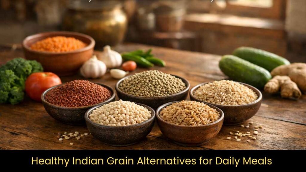 healthy Indian grain alternatives including millets barley and brown rice in bowls