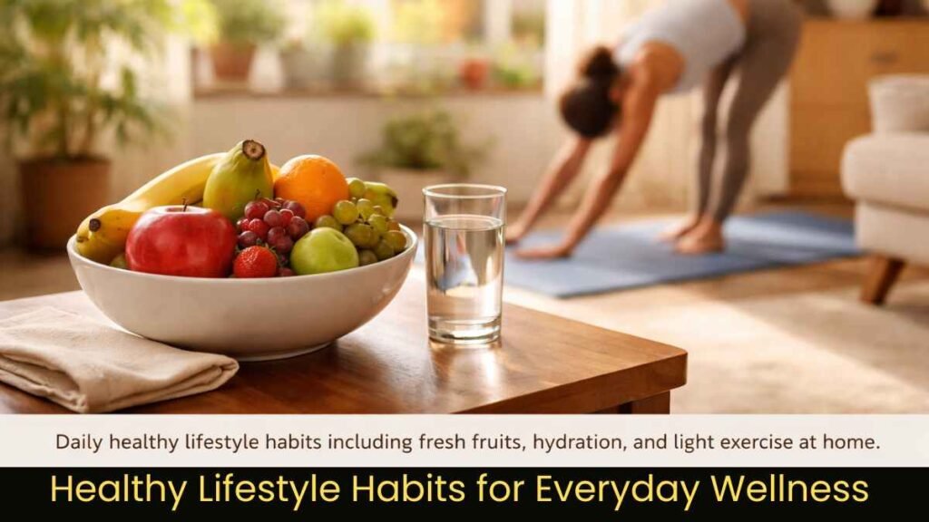 healthy lifestyle habits with fruits water and yoga practice in a home setting
