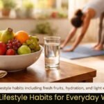 healthy lifestyle habits with fruits water and yoga practice in a home setting