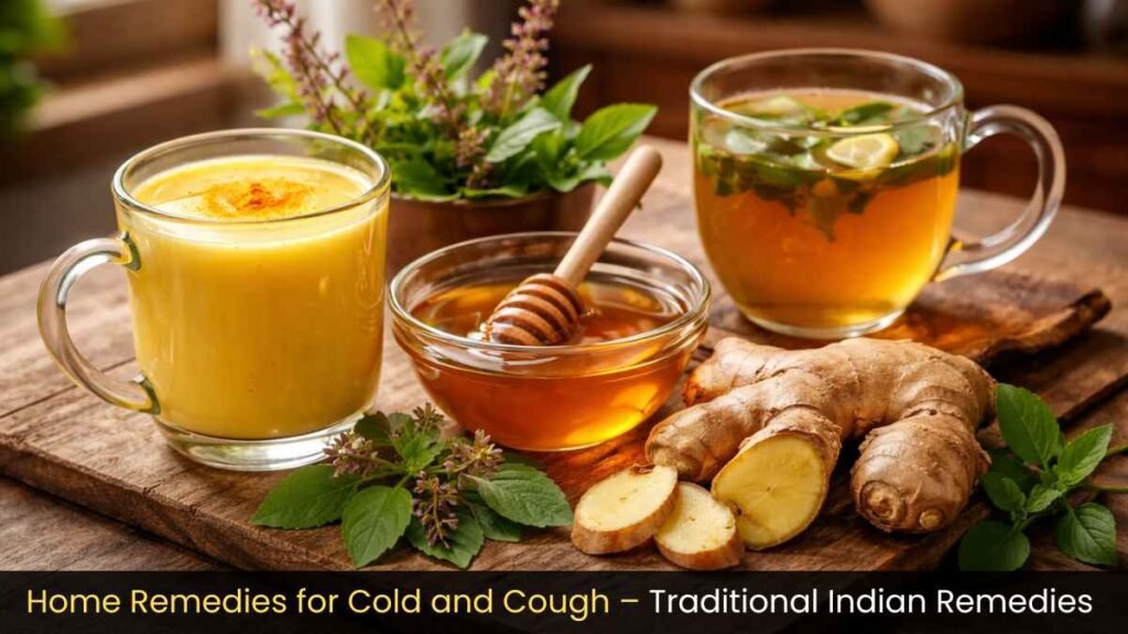 Home remedies for cold and cough displayed with turmeric milk, ginger, honey, and tulsi in an Indian kitchen.