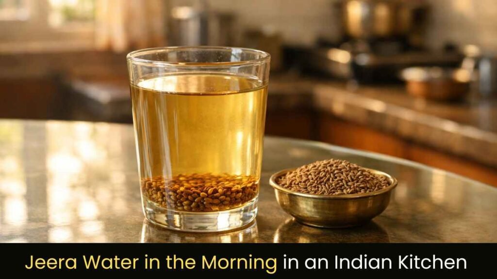 jeera water in the morning prepared with cumin seeds in a glass on a kitchen table