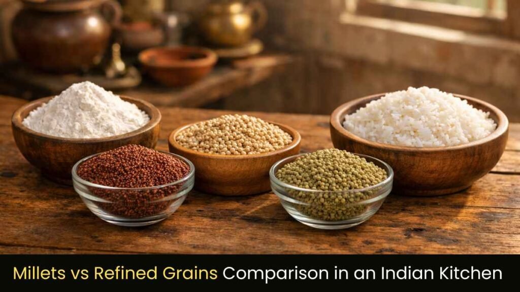 millets vs refined grains comparison showing ragi jowar bajra and refined rice in bowls