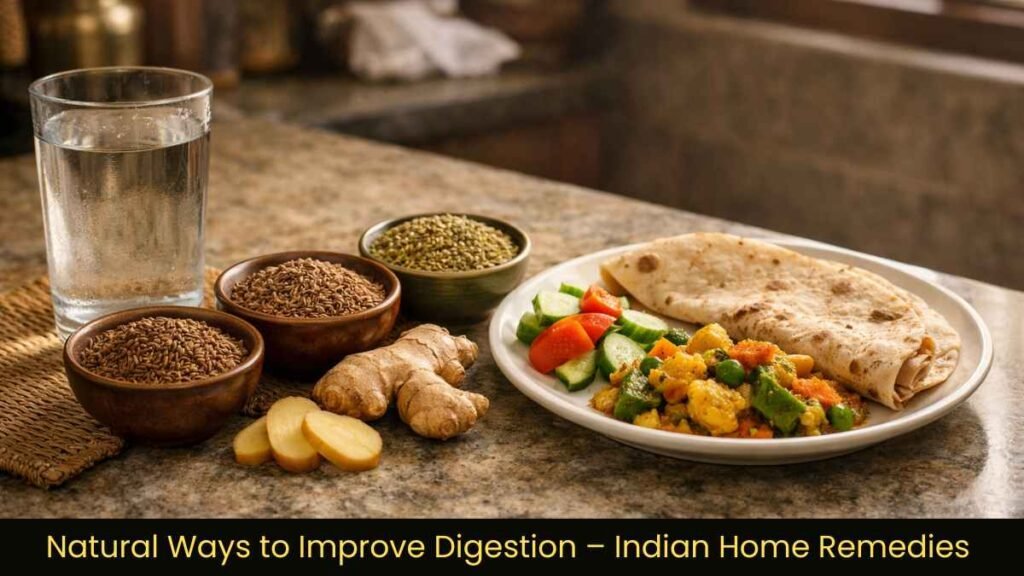 Natural ways to improve digestion shown with warm water, cumin, ajwain, fennel seeds, ginger, and a balanced Indian meal.