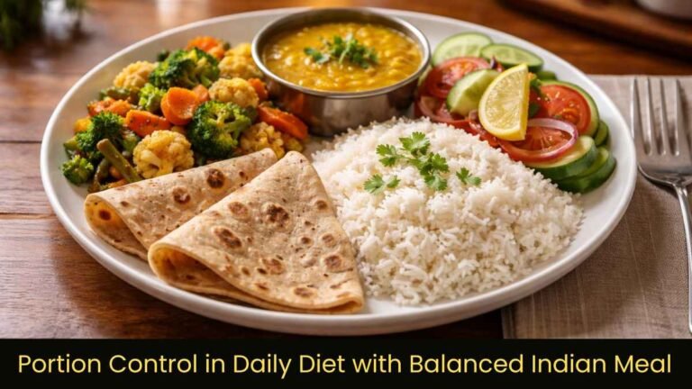 portion control in daily diet shown with balanced Indian meal plate