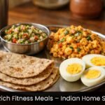 Protein-Rich Fitness Meals displayed in an Indian home setting with sprouts, paneer bhurji, boiled eggs, and multigrain roti.