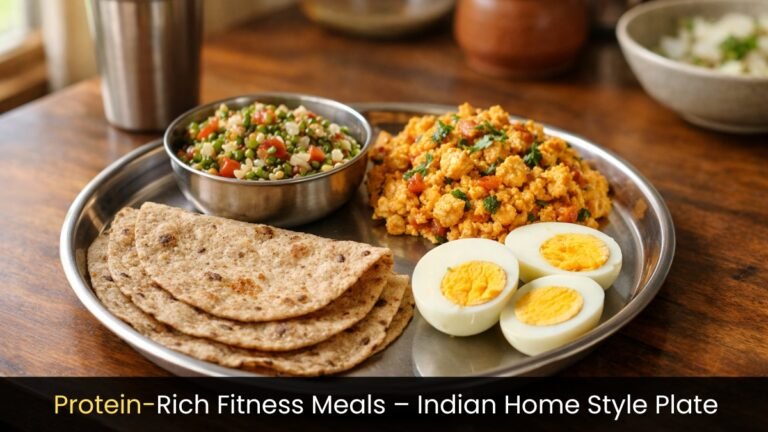 Protein-Rich Fitness Meals displayed in an Indian home setting with sprouts, paneer bhurji, boiled eggs, and multigrain roti.