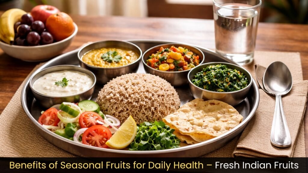 Role of balanced meals in immunity support shown through a complete Indian thali with rice, dal, vegetables, curd, and fruits.